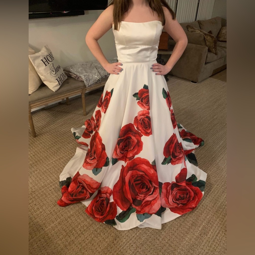 Sherri Hill prom dress! Size 2. Satin ivory dress with roses all over.